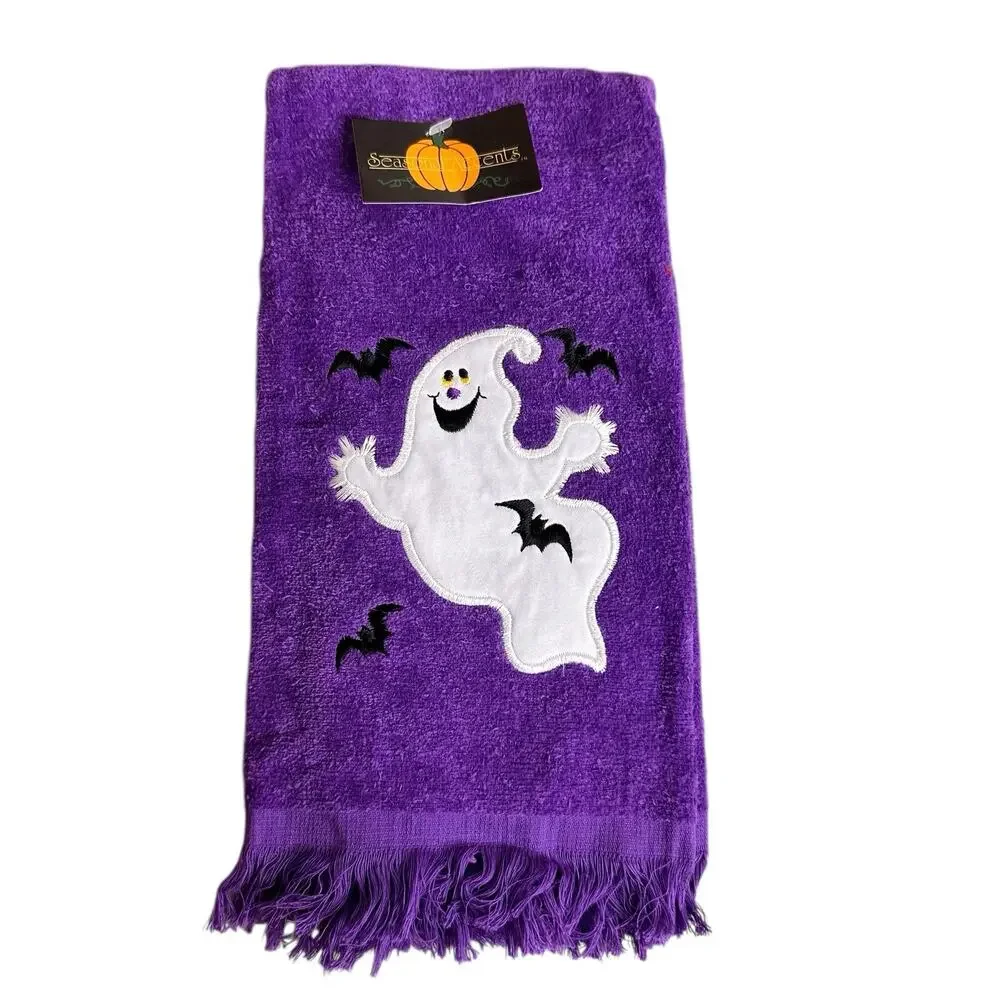 VTG Halloween Hand Towel Purple Ghost Embroidered Fringe Seasonal Accents 